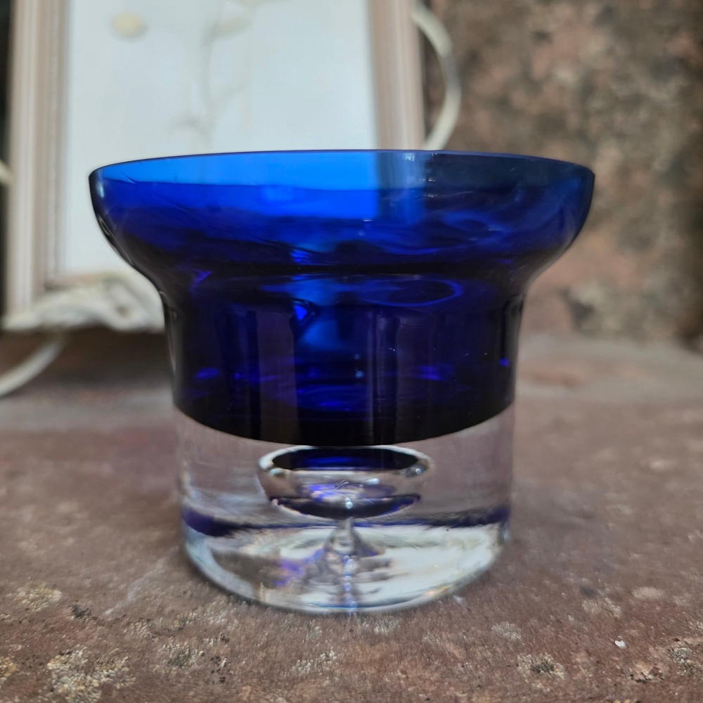 Cobalt Blue Art Glass Candle Holder Controlled Bubble Base MCM minimalistic